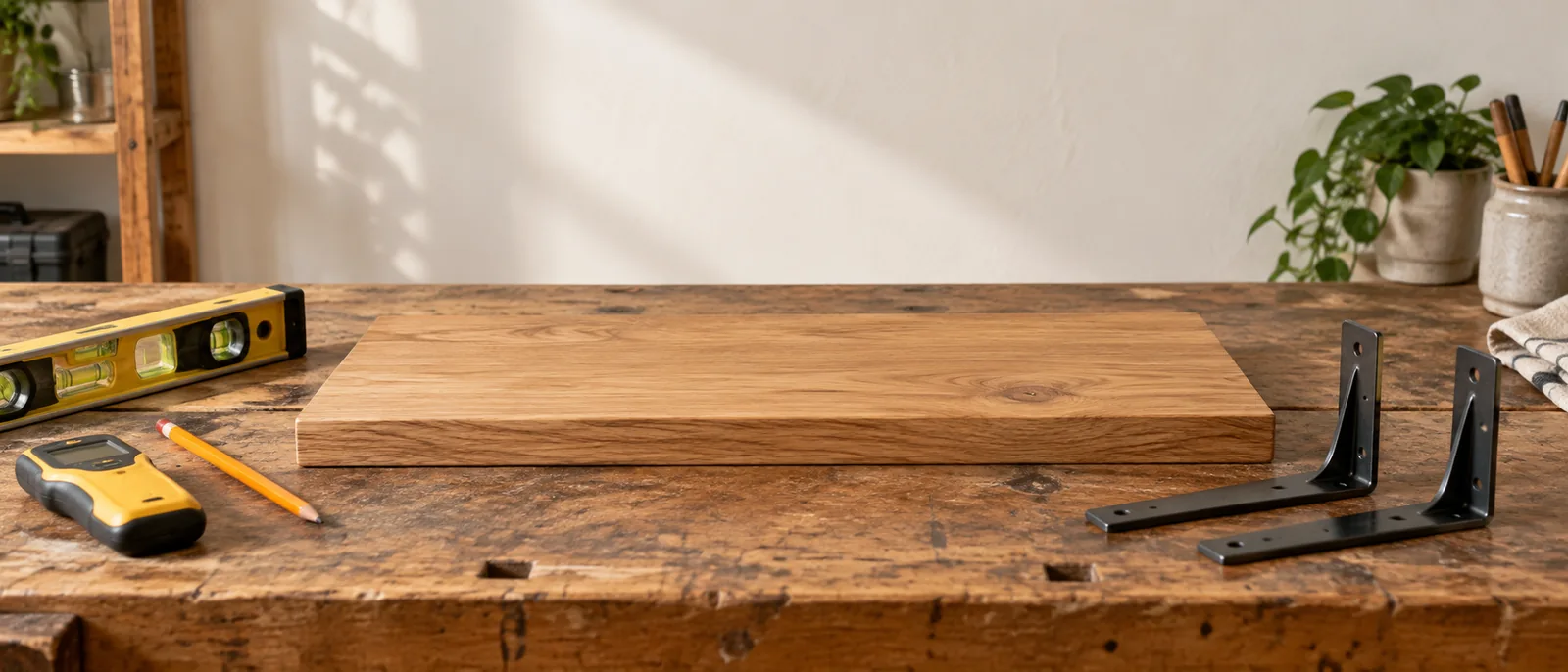 Shelf board, brackets and measuring tools ready for installation