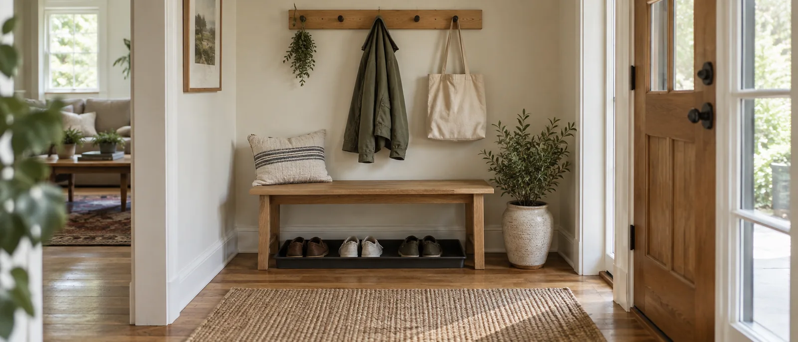 Entryway bench, wall hooks and a shoe tray beside a clear walkway