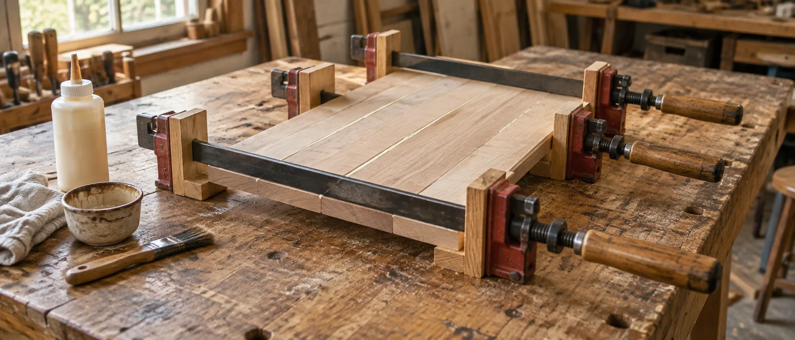 Wooden boards held in bar clamps beside wood glue and a brush
