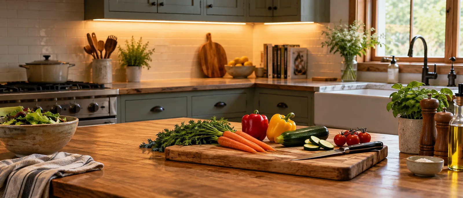 Under-cabinet lights illuminating a kitchen preparation area