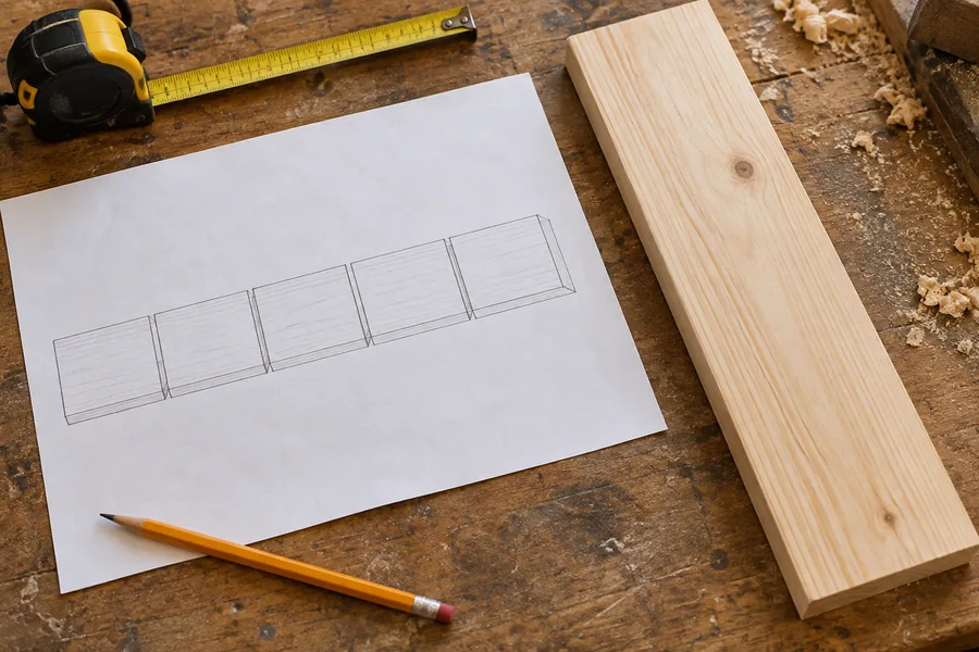 Board layout sketch with spaces for saw kerfs beside pine lumber