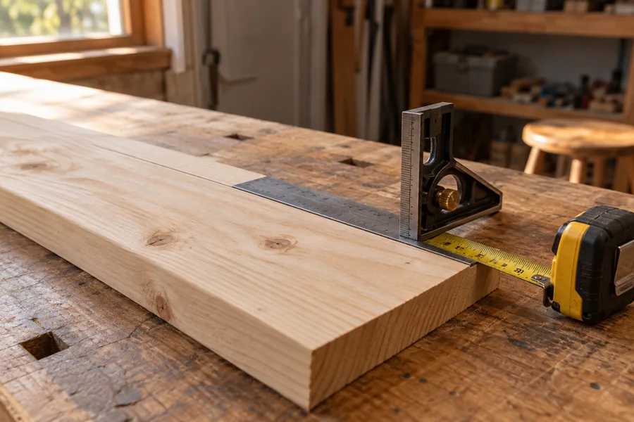 Marked reference edge on a pine board with a combination square and tape measure