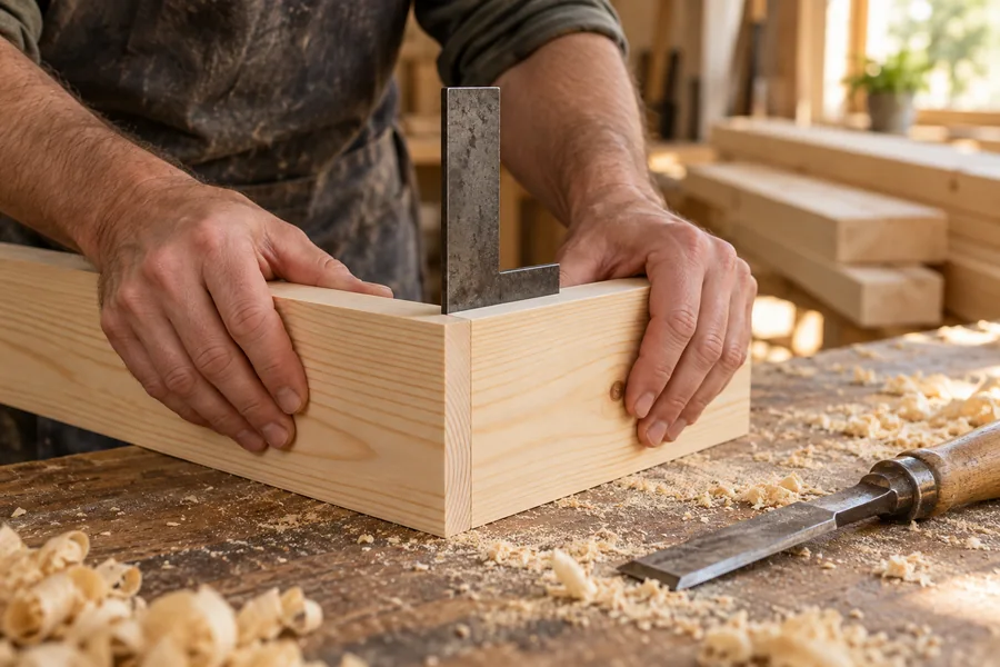 Hands dry-fitting a pine corner joint against a small square