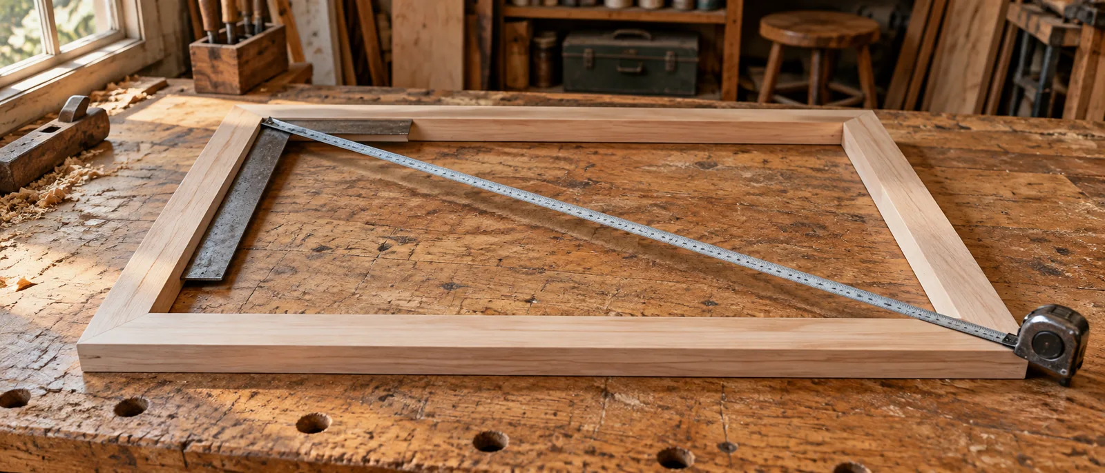 A rectangular wooden frame being checked with a square and diagonal tape