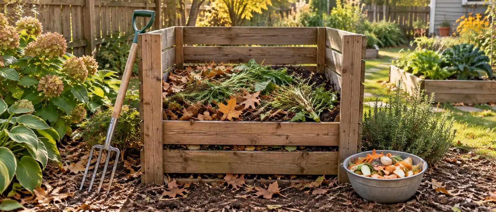 Wooden compost bin with dry leaves and green plant material