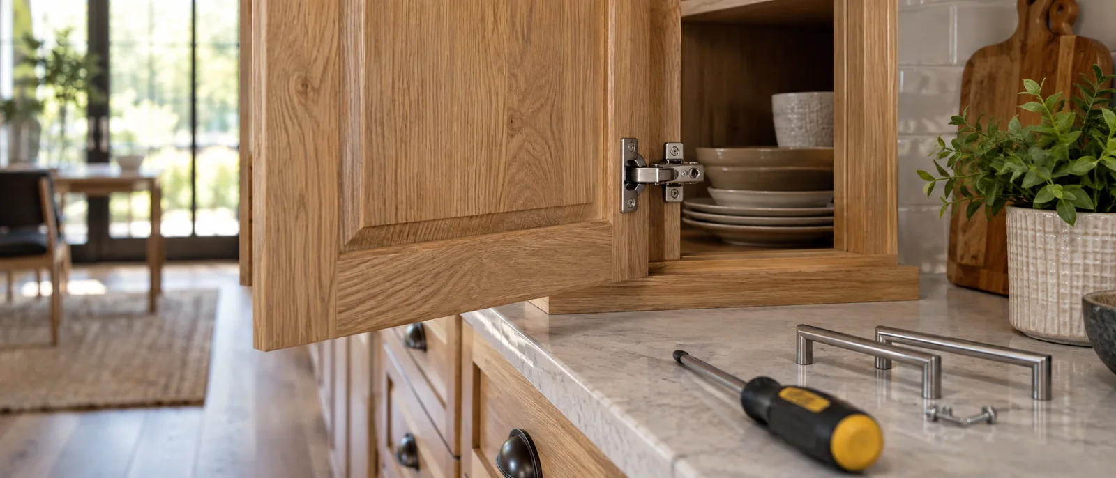 Cabinet hinge, screwdriver and replacement handles