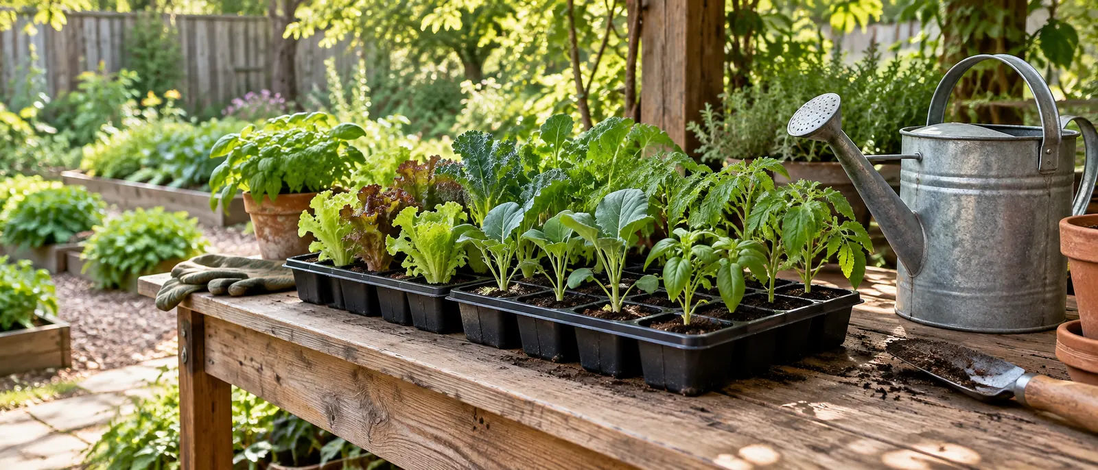 Vegetable seedlings in a tray on a sheltered outdoor bench