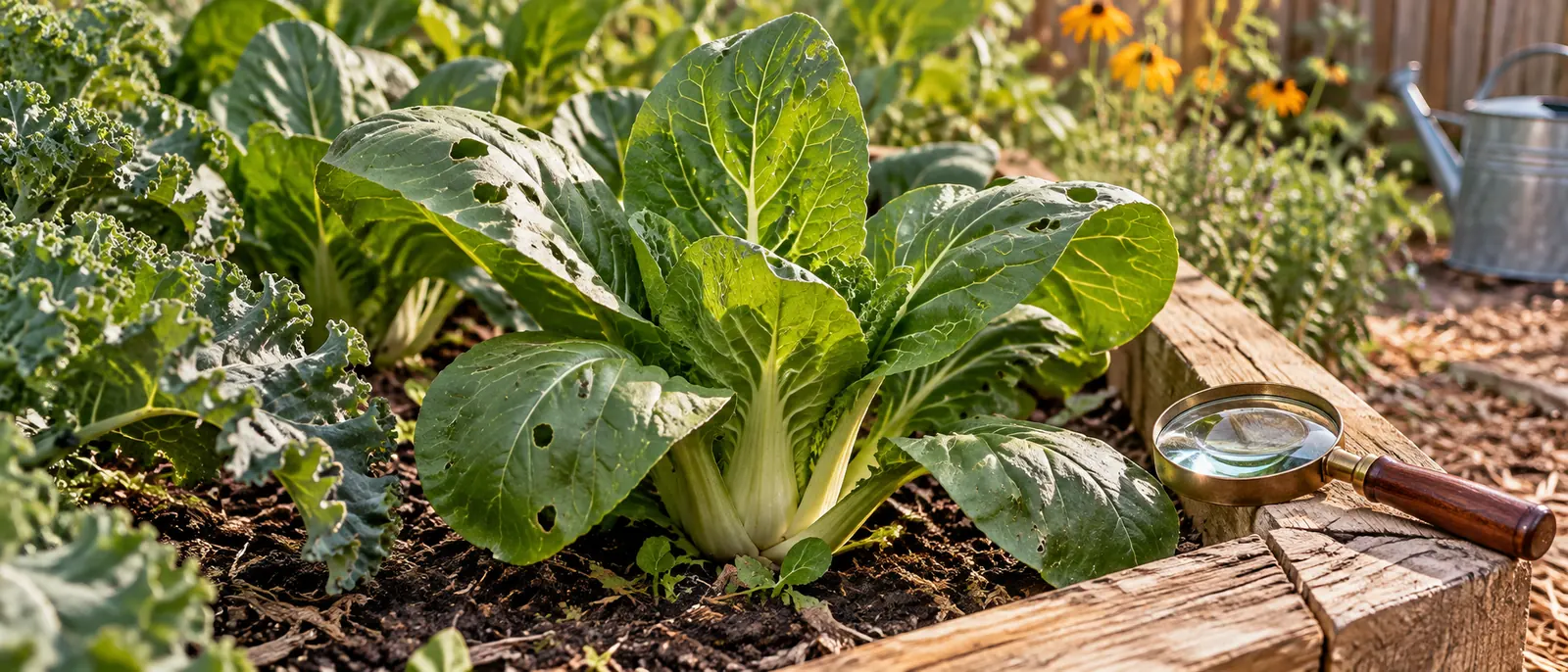 Vegetable leaves with small holes beside a magnifying glass