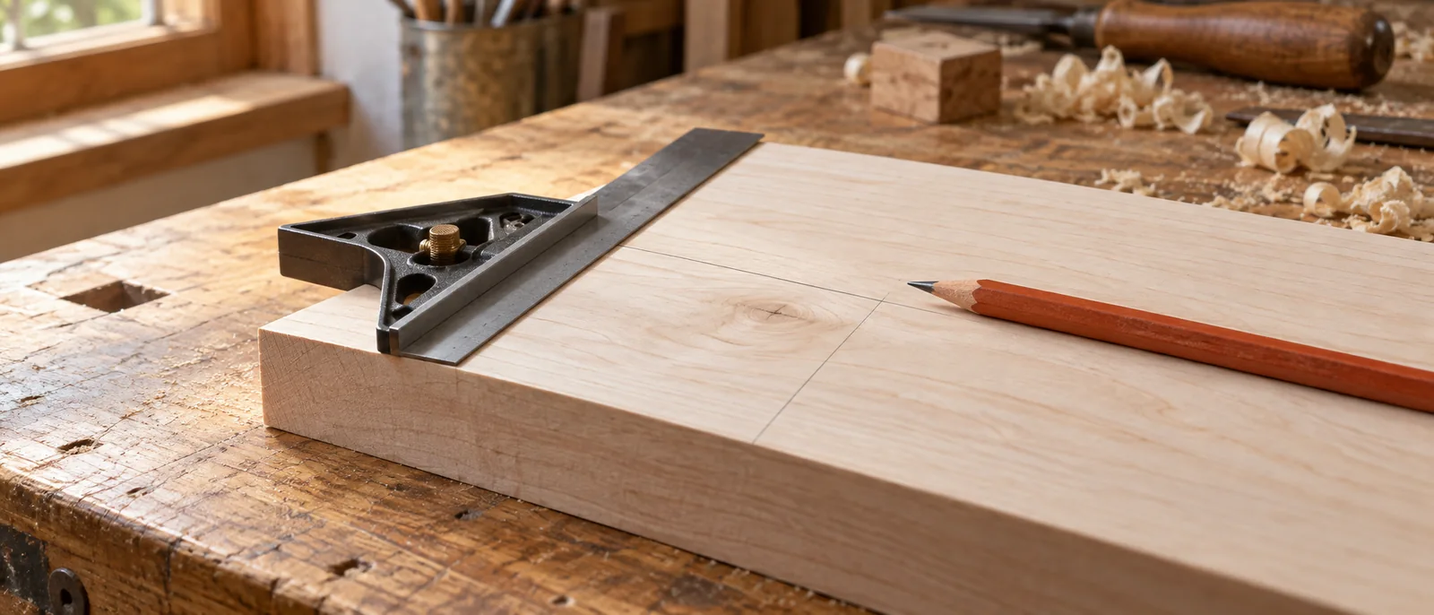 A combination square and pencil beside a marked wooden board