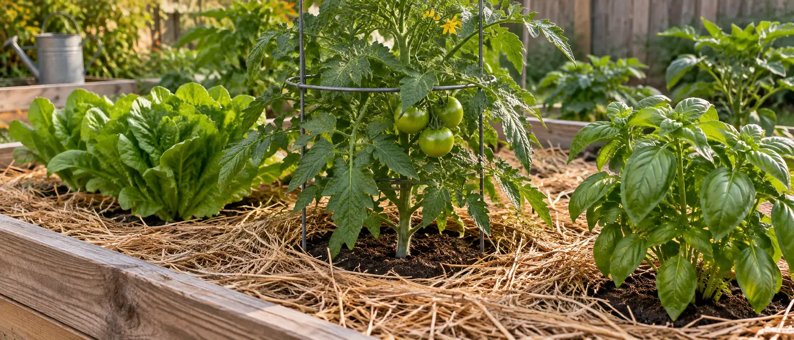 Straw mulch around young vegetables with space around their stems