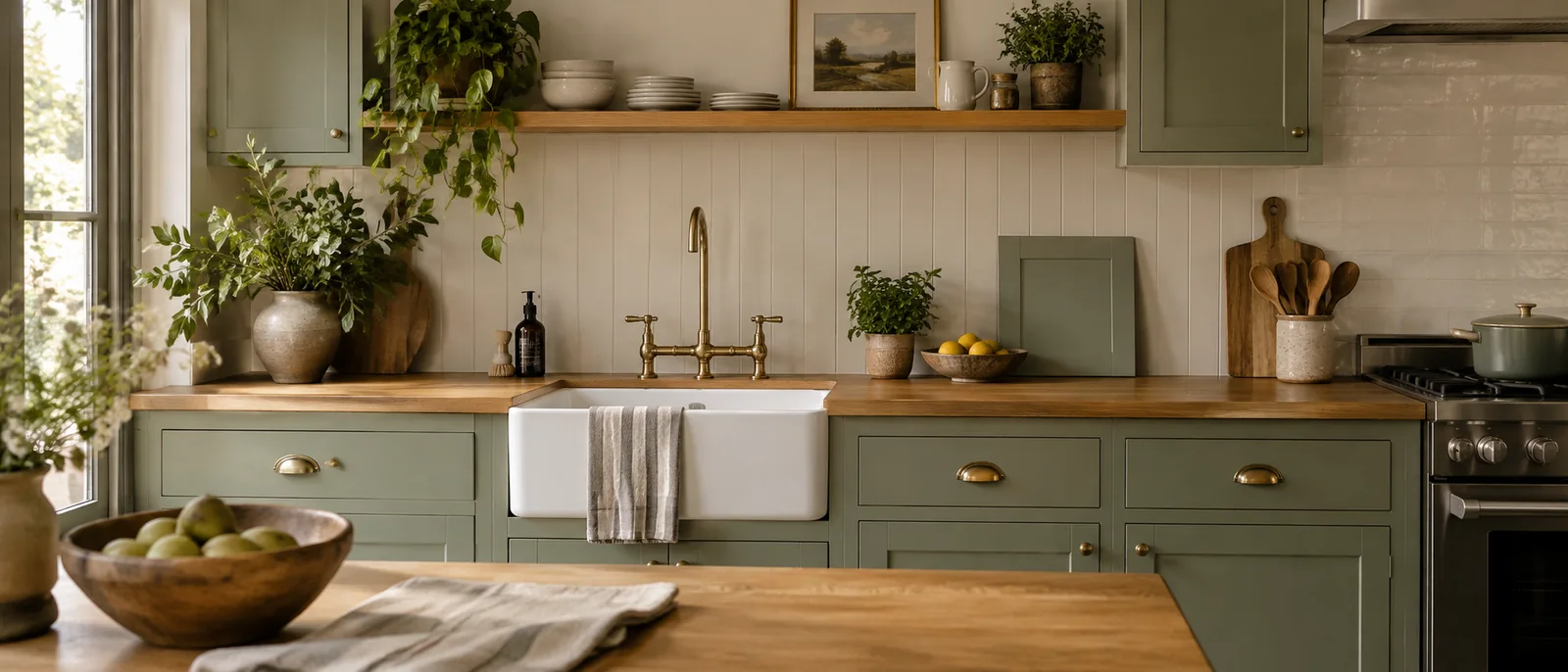 Sage kitchen cabinets with brass handles and a painted sample panel