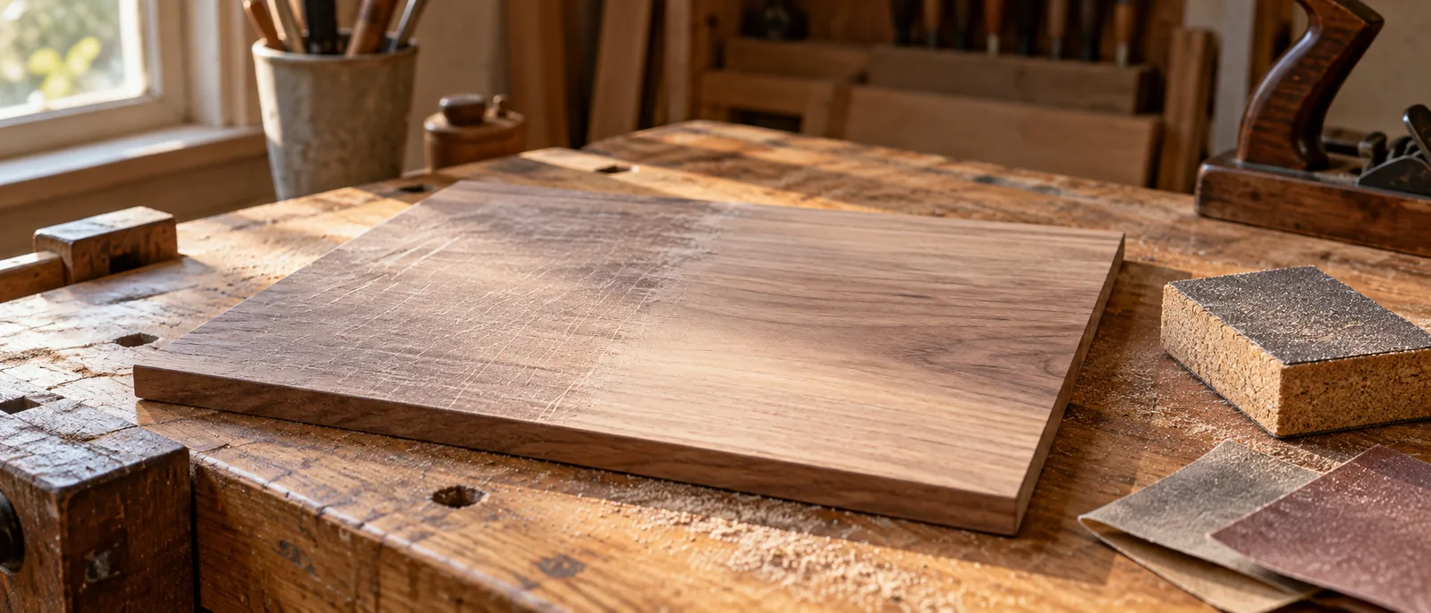 A wooden panel, sanding block, and abrasive paper in low side light