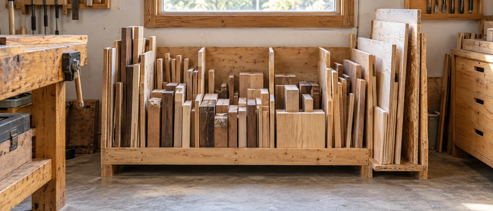 Wood offcuts sorted by size in a low wooden storage rack