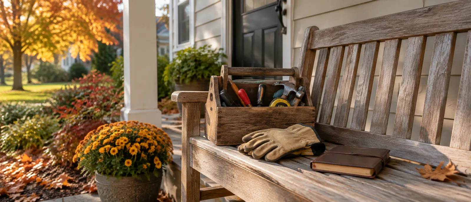 Maintenance tools and notebook on a porch bench