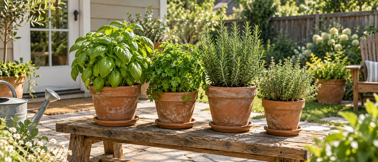 Potted basil, parsley, rosemary, and thyme near a back door
