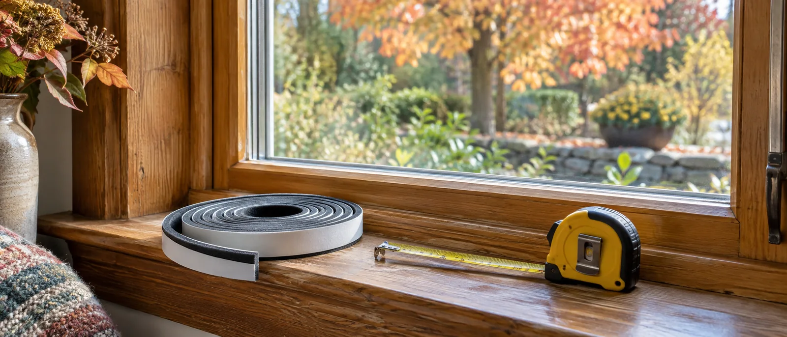 Weatherstripping and a tape measure on a wooden window sill