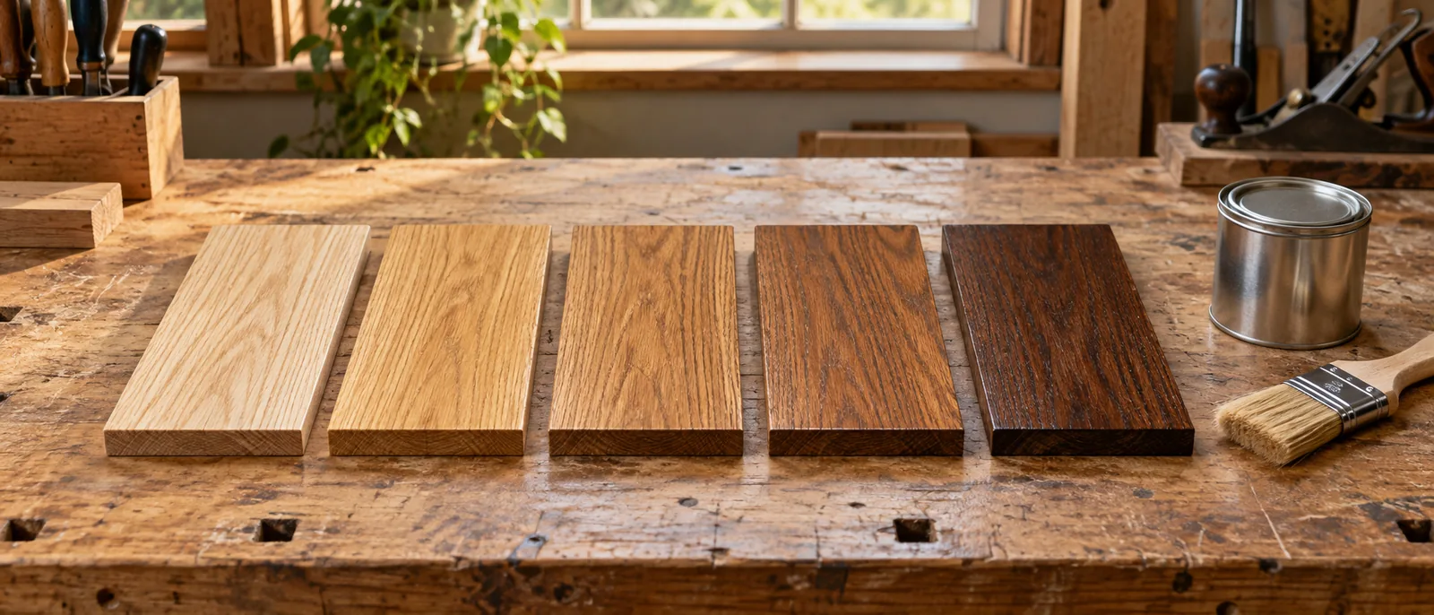 Oak offcuts with different finish shades beside a brush and closed tin