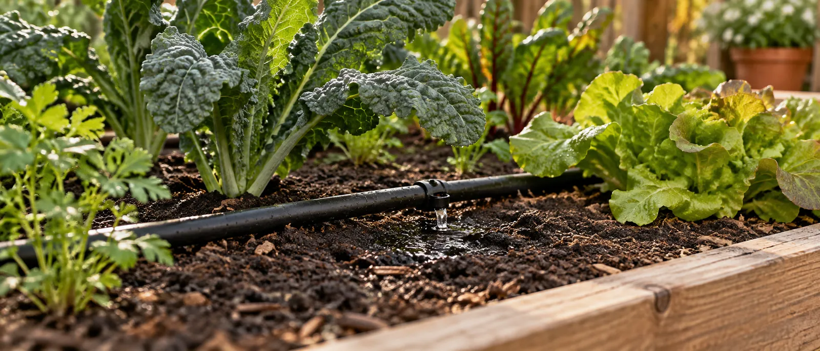 Drip irrigation delivering water at the base of vegetable plants