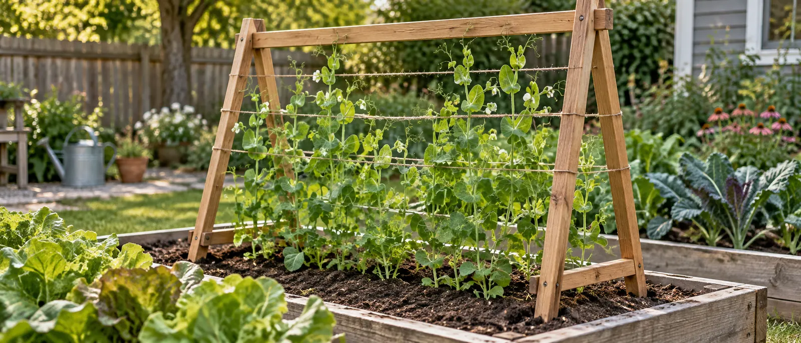 A wooden A-frame trellis supporting climbing pea plants